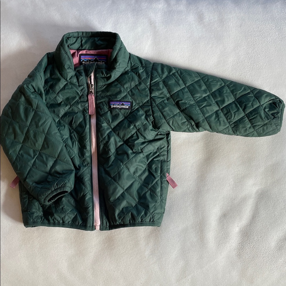 Patagonia Baby Nano Puff Forest Green and Pink Quilted Jacket | size 6-12 months
